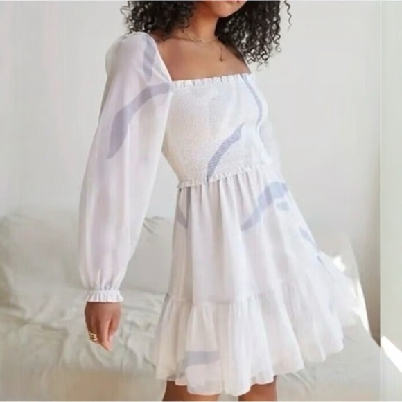 Aritzia Dresses & Skirts - Aritzia Wilfred Tempest Smocked Chiffon Babydoll Mini Dress Sz S Abstract‎ Sheer